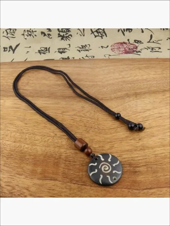 Handmade Bull Bone Pendant Necklace, Wooden Beads, Adjustable Braided Rope - Picture 3 of 6